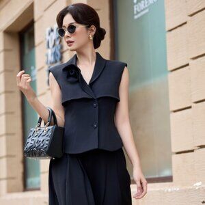 Sixdo Black Structured Vest with 3D Rose Detail